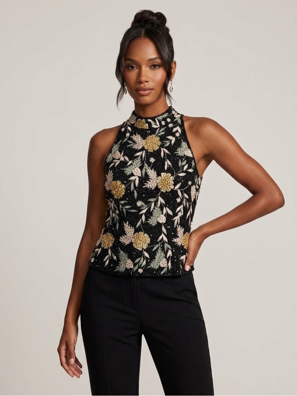 JKara Evening Floral High Neck Beaded Blouse